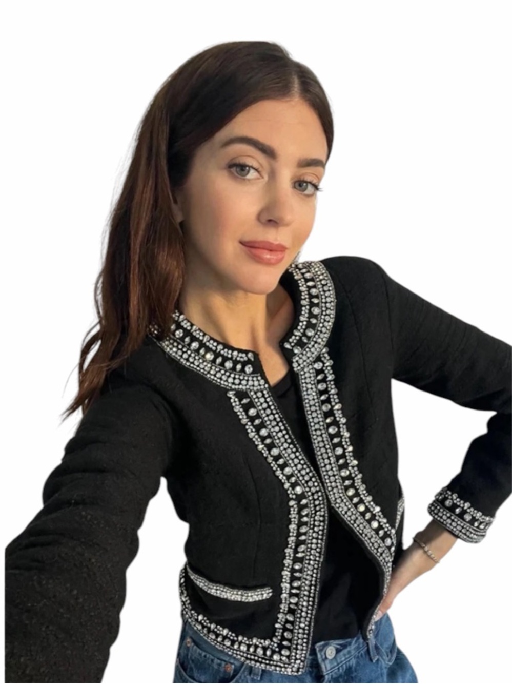 MISA Los Angeles Curtis Tweed Embellished Jacket in Black Size XS